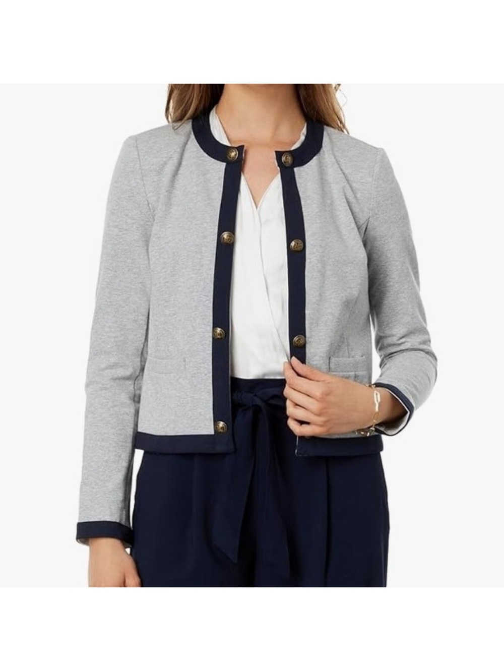Tommy Hilfiger Light Gray and Navy Contrast Trim Cropped Collarless Blazer Med